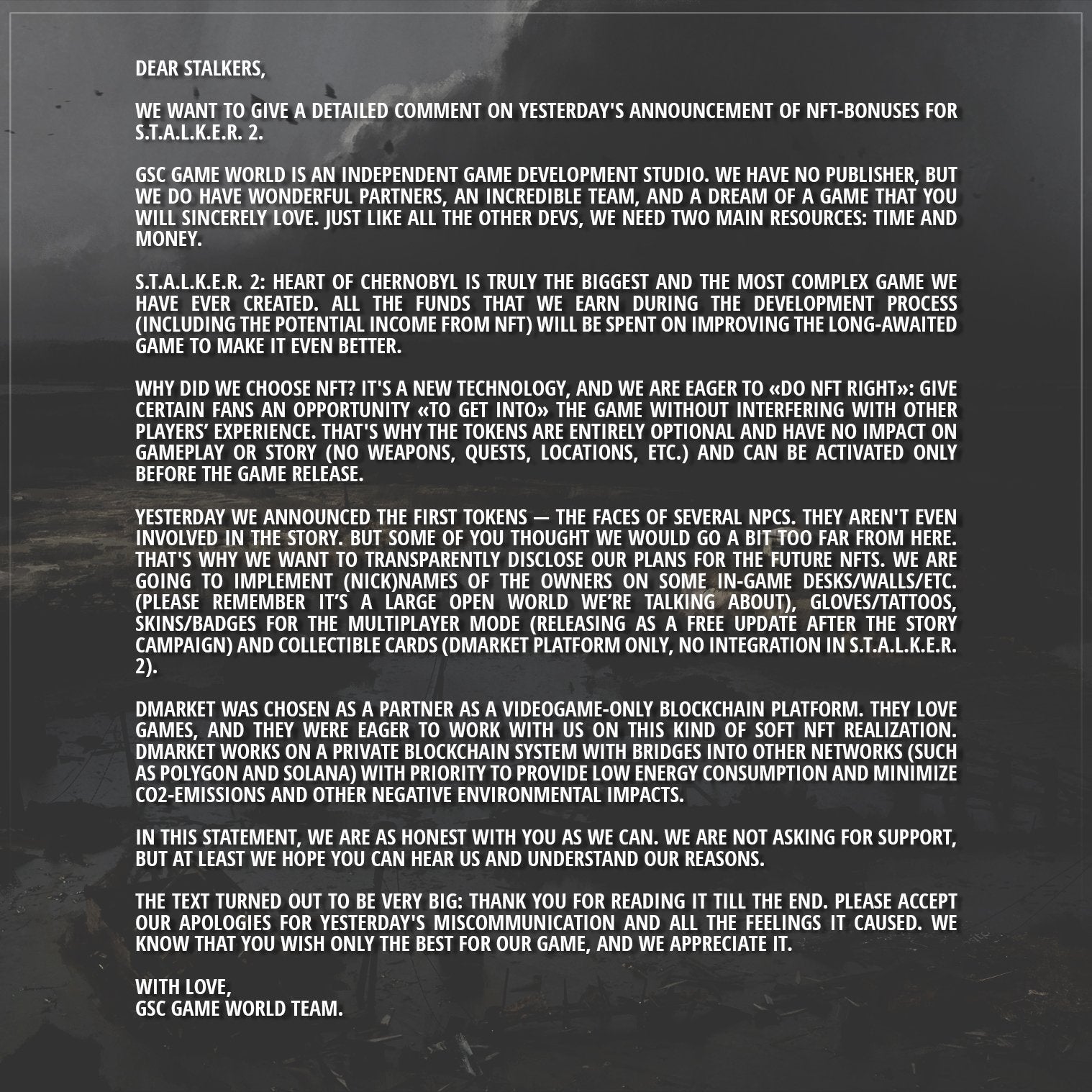 STALKER 2 Developers Announce They Will No Longer Use NFT [Update]